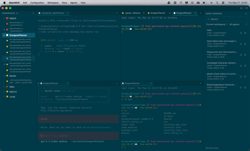 OpenMUX running a native terminal workspace with panes, pane tabs, and sidebar