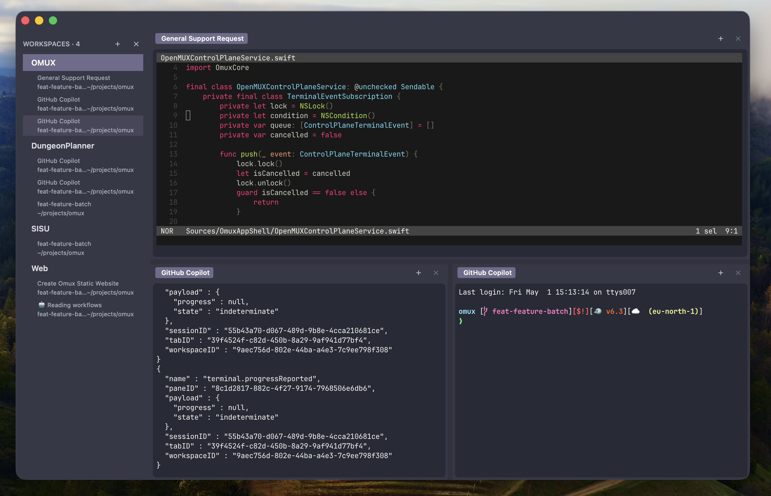 OpenMUX running a native terminal workspace with panes and sidebar